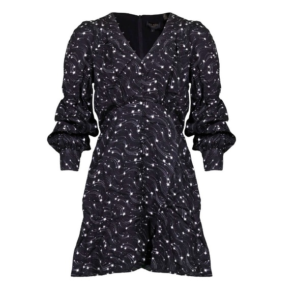 TED Baker Gemmi Long Puff Sleeve V Neck Ruffle Hem Pockets Shift Mini Dress NEW - Picture 10 of 14